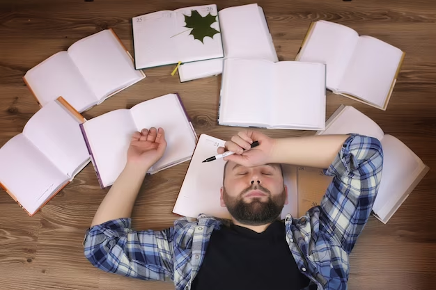 A man lies on the floor surrounded by many books