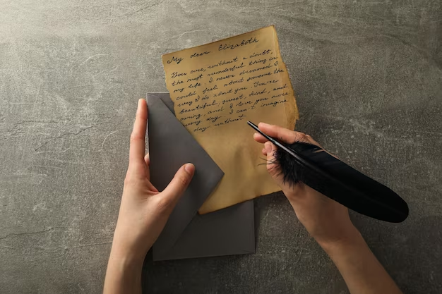 Hands holding a pen for writing and an envelope with a letter