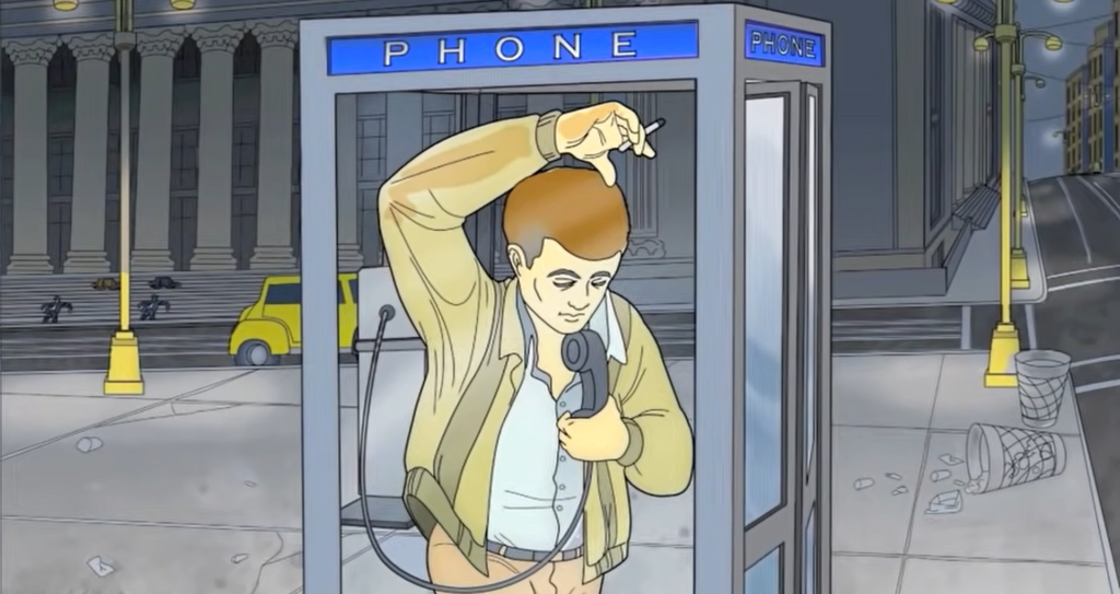 character in jacket with cigarette standing inside phone booth on the street 