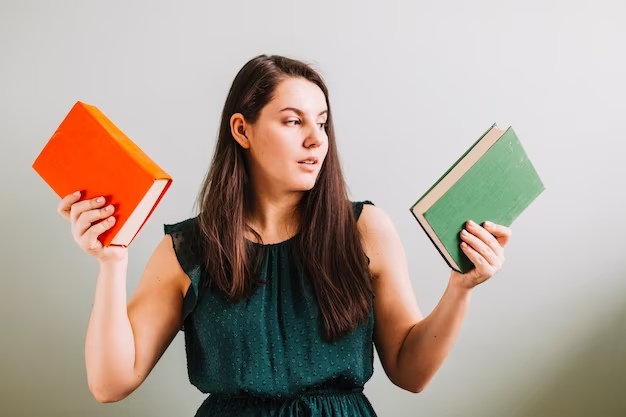 A girl holds two books in her hands