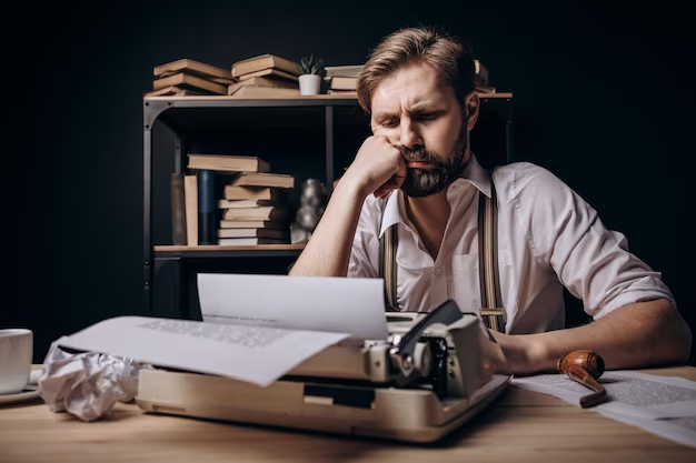 A man writes on a typewriter, in the background there are shelves with books