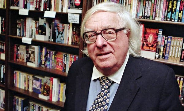 Ray Bradbury with books in the background