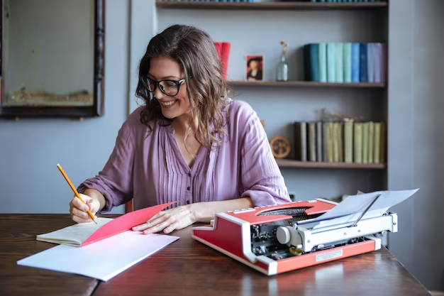 A woman writes in a notepad, with a typewriter nearby.